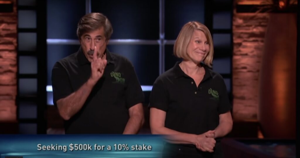 Screen shot of Don Lessem and Valerie Jones making their pitch on the set of ABC's Shark Tank
