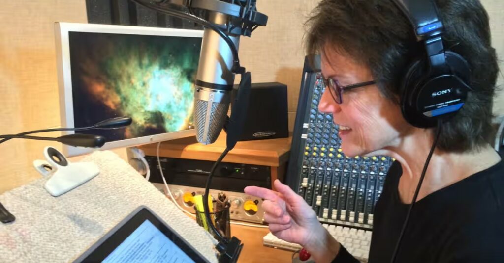 Susan Bennett sits smiling at her microphone with headsets on.
